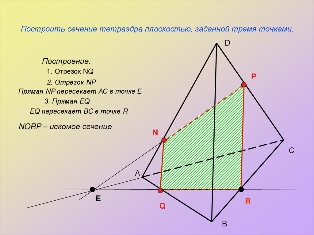 Построить сечение тетраэдра плоскостью, заданной тремя точками.