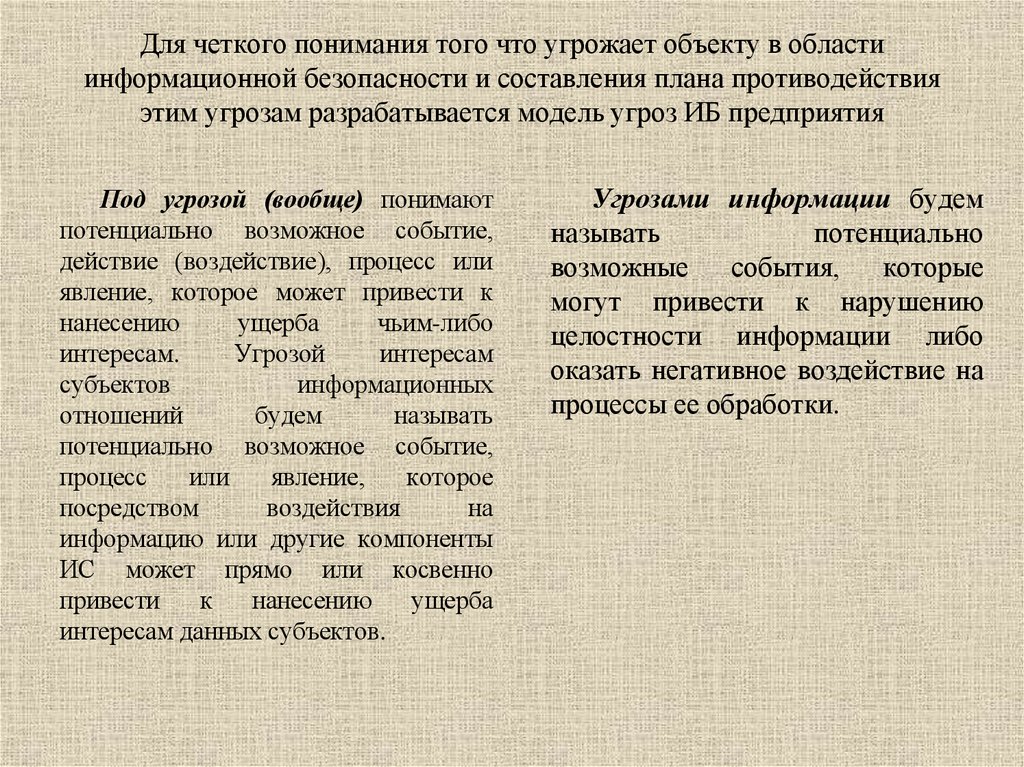 Для четкого понимания того что угрожает объекту в области информационной безопасности и составления плана противодействия этим