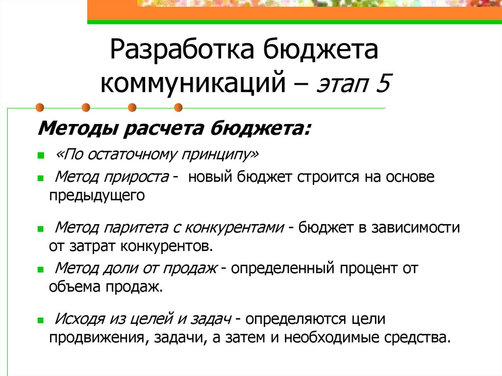 Разработка бюджета коммуникаций – этап 5