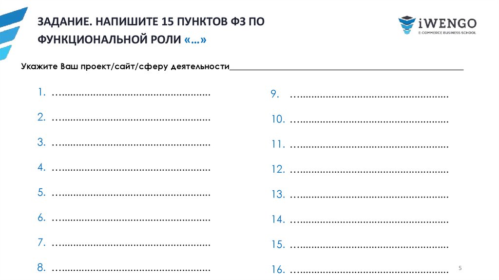 ЗАДАНИЕ. НАПИШИТЕ 15 ПУНКТОВ ФЗ ПО ФУНКЦИОНАЛЬНОЙ РОЛИ «…»