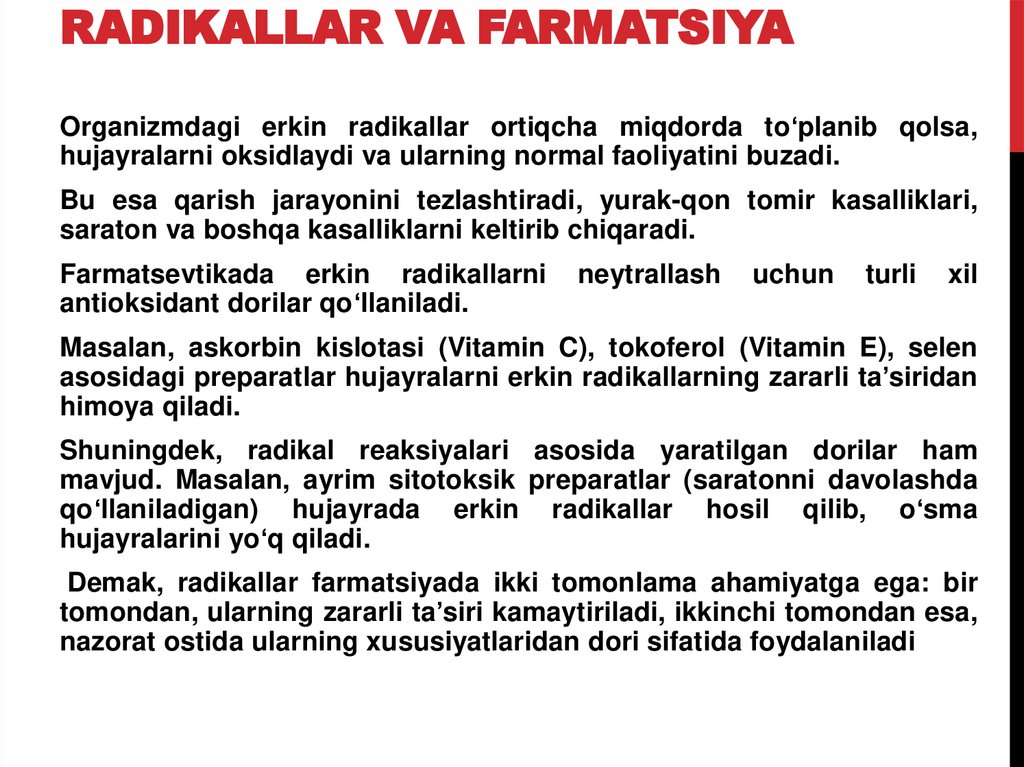Radikallar va farmatsiya