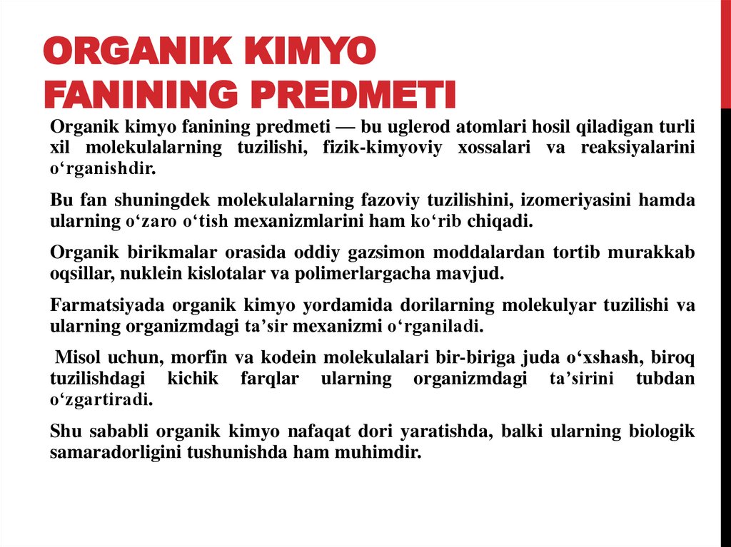 Organik kimyo fanining predmeti