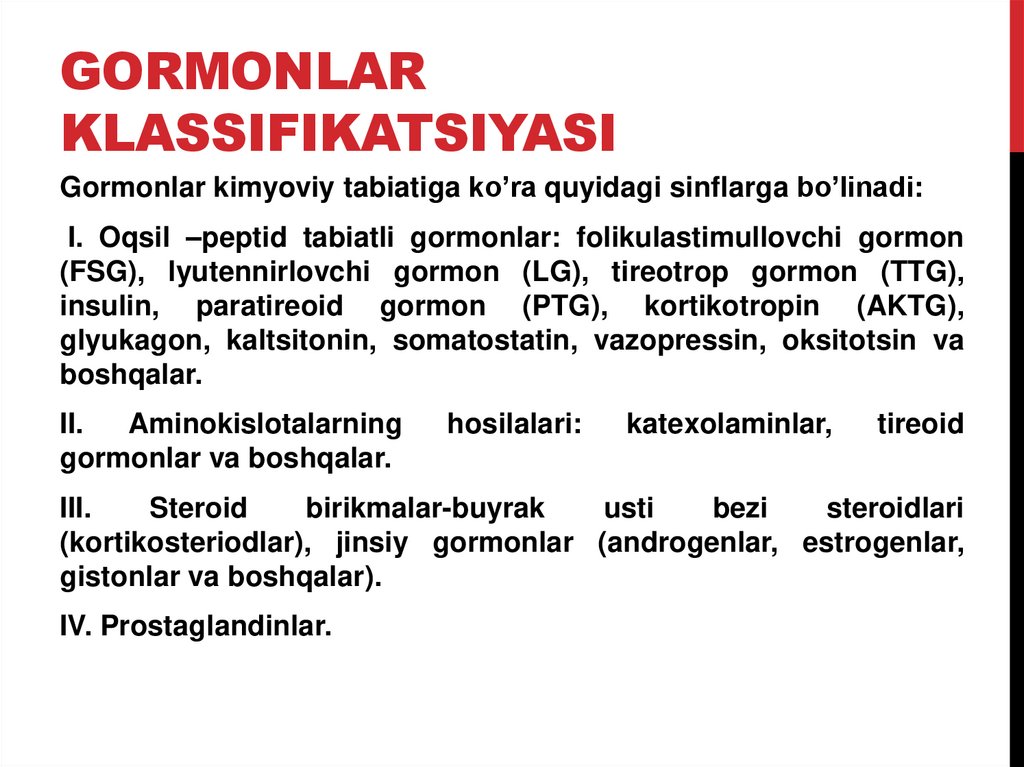 GORMONLAR KLASSIFIKATSIYASI