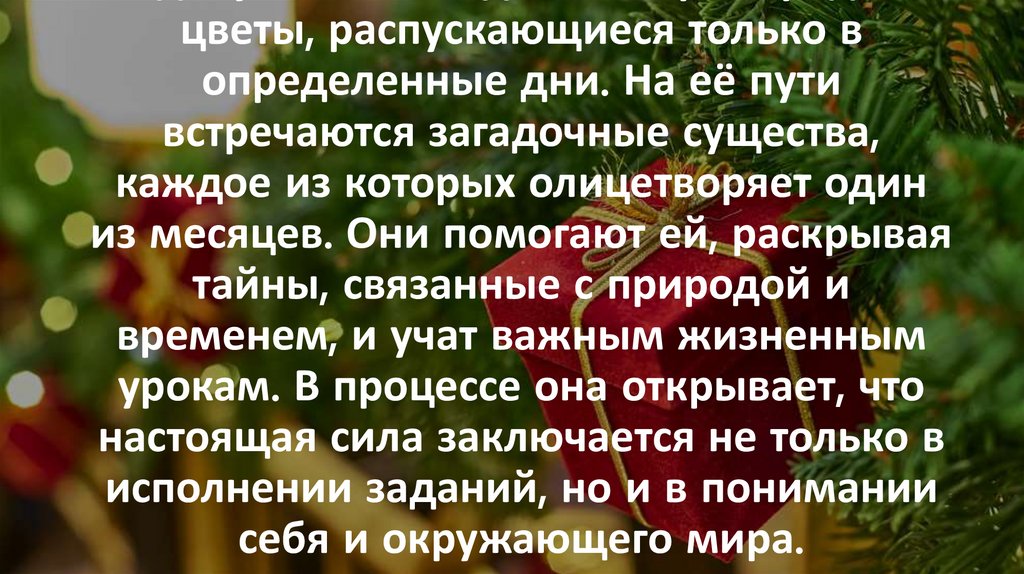 В волшебном лесу, где царит вечное время года, живет юная девушка, которой поручено выполнить трудную задачу. Ей необходимо