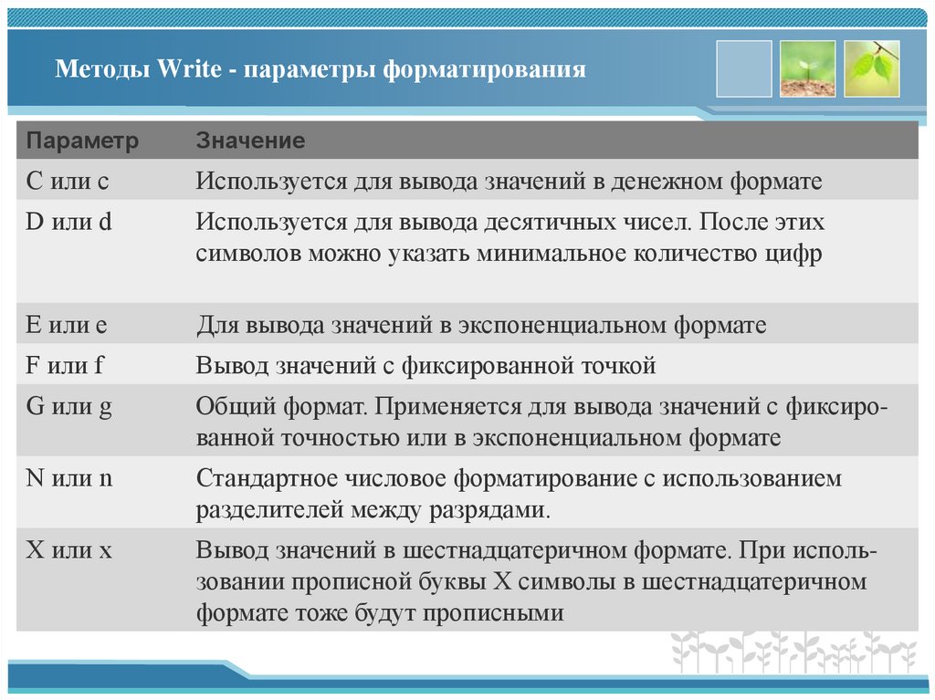 Методы Write - параметры форматирования