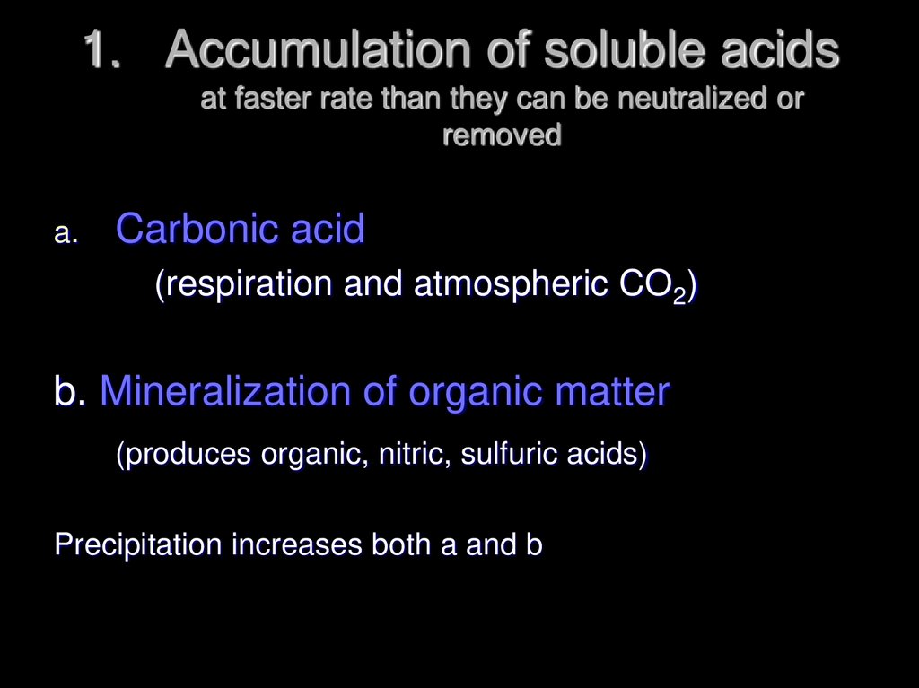 Accumulation of soluble acids at faster rate than they can be neutralized or removed