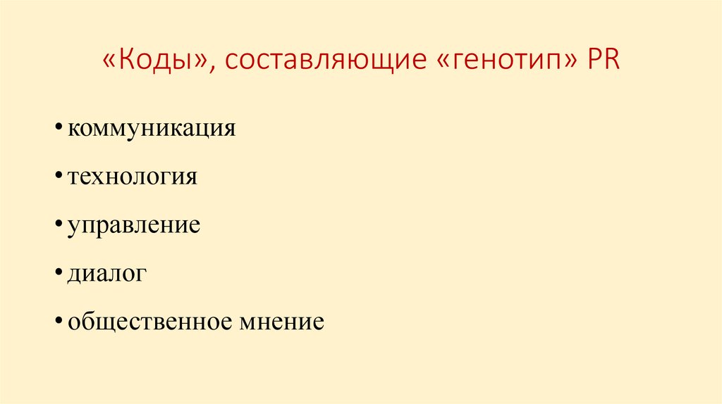 «Коды», составляющие «генотип» PR