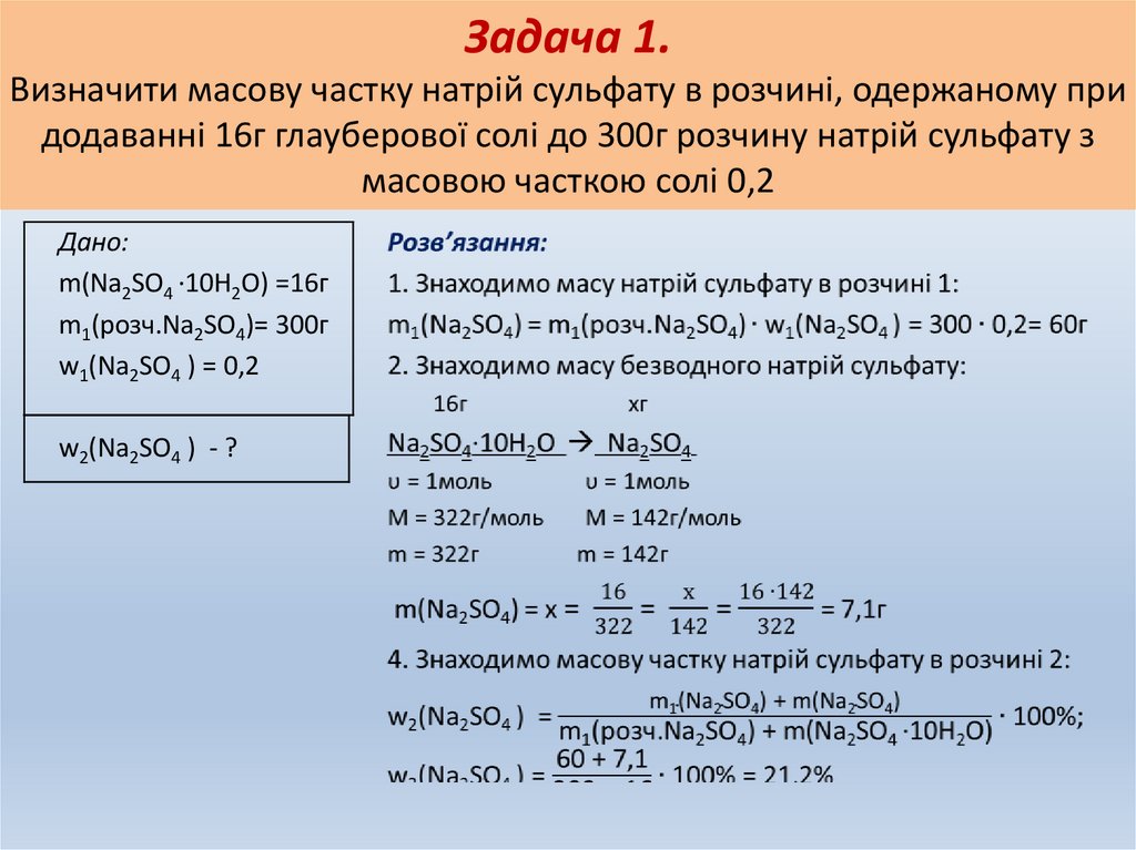 Задача 1. Визначити масову частку натрій сульфату в розчині, одержаному при додаванні 16г глауберової солі до 300г розчину