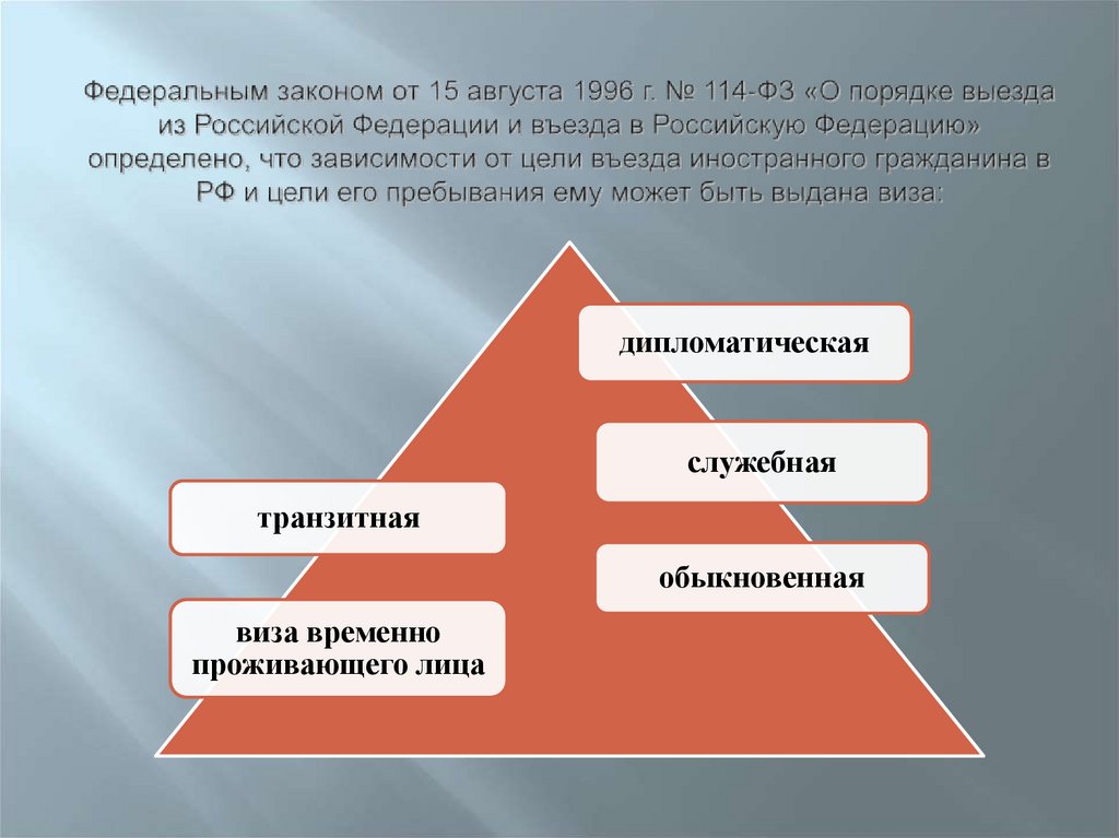 Федеральным законом от 15 августа 1996 г. № 114-ФЗ «О порядке выезда из Российской Федерации и въезда в Российскую Федерацию»