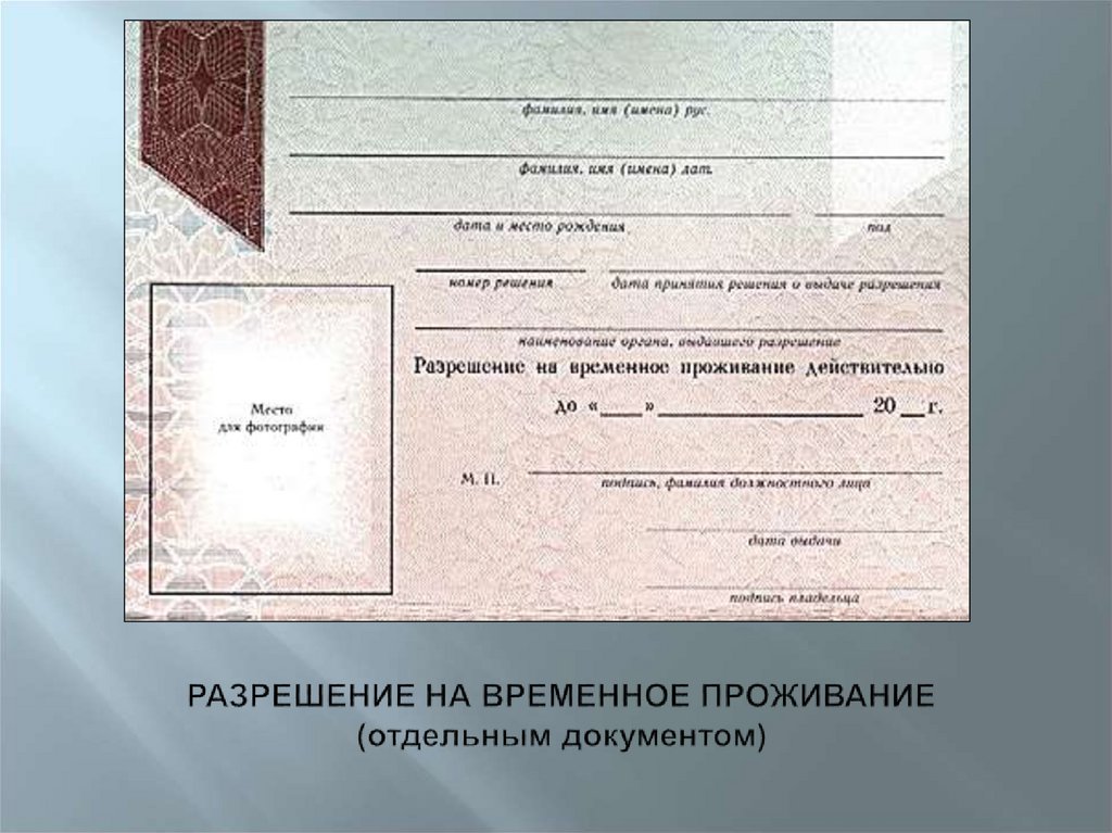 РАЗРЕШЕНИЕ НА ВРЕМЕННОЕ ПРОЖИВАНИЕ (отдельным документом)