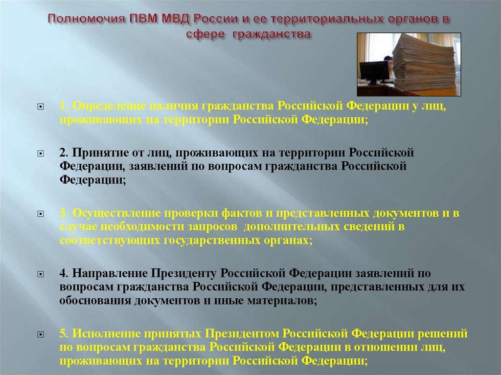 Полномочия ПВМ МВД России и ее территориальных органов в сфере гражданства