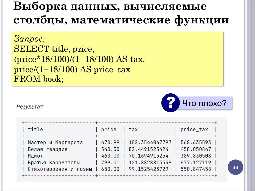 Выборка данных, вычисляемые столбцы, математические функции