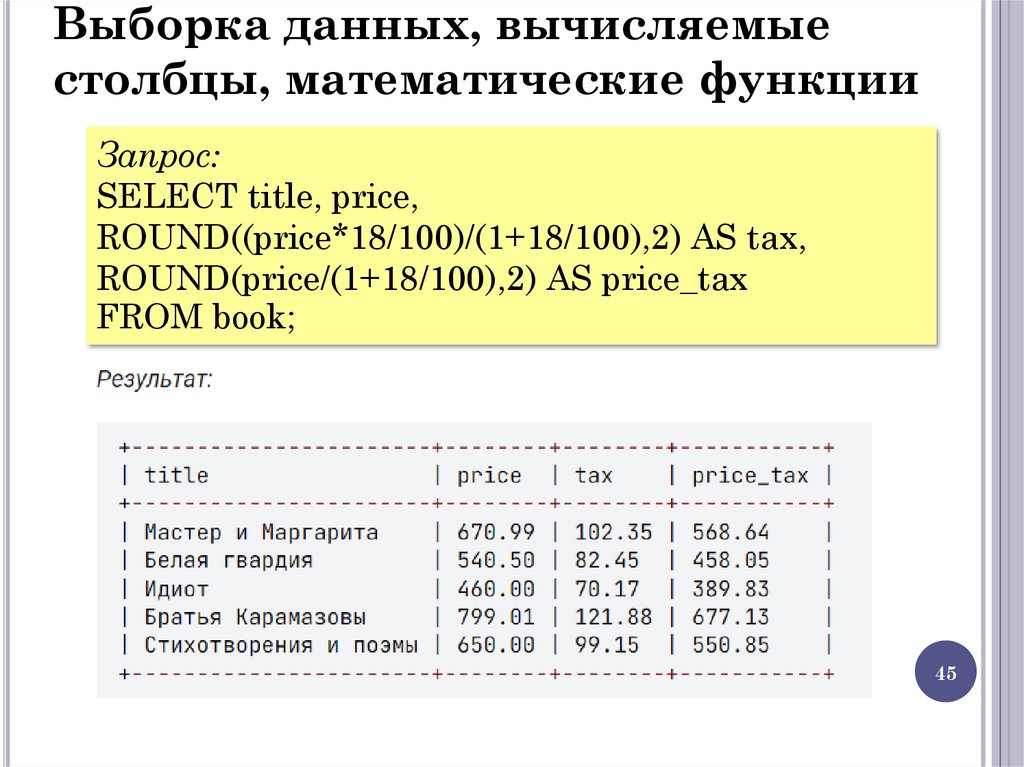 Выборка данных, вычисляемые столбцы, математические функции