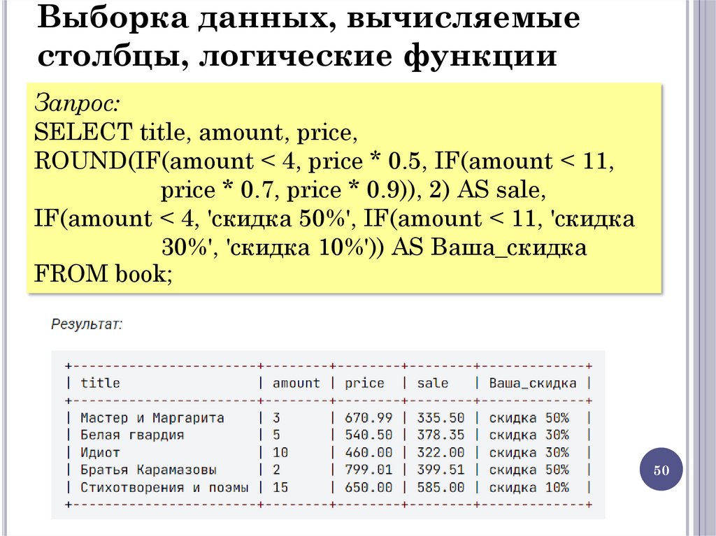 Выборка данных, вычисляемые столбцы, логические функции