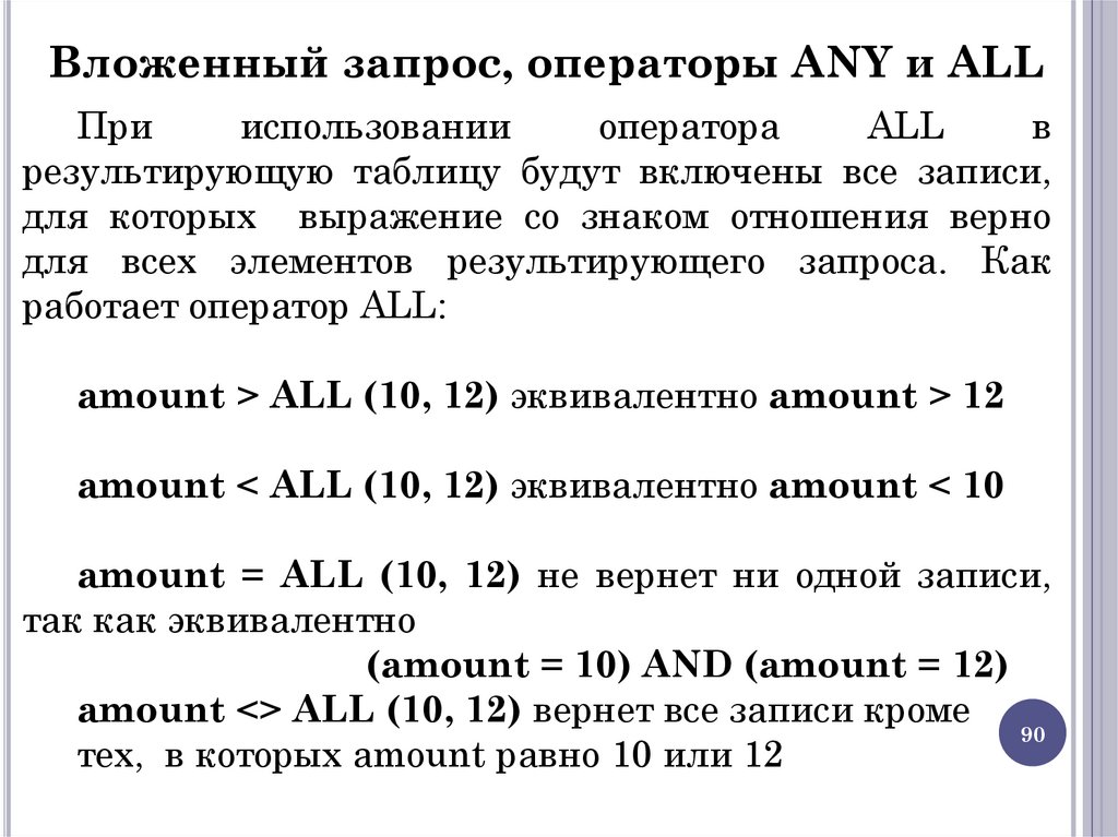 Вложенный запрос, операторы ANY и ALL