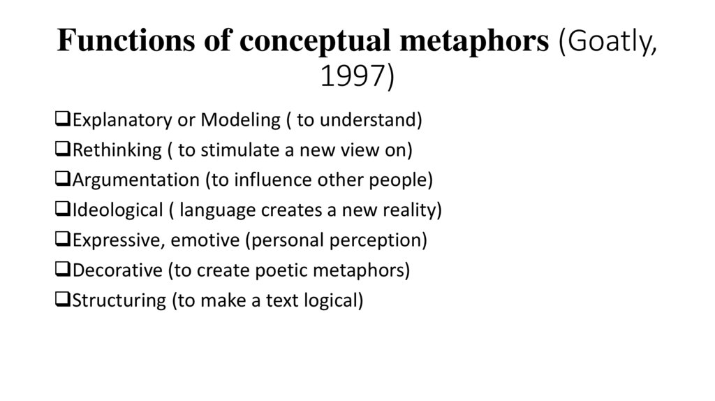 Functions of conceptual metaphors (Goatly, 1997)