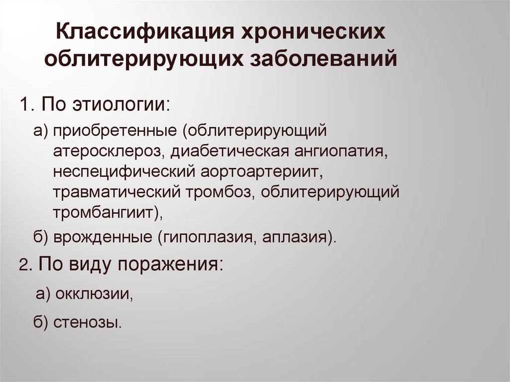 Классификация хронических облитерирующих заболеваний