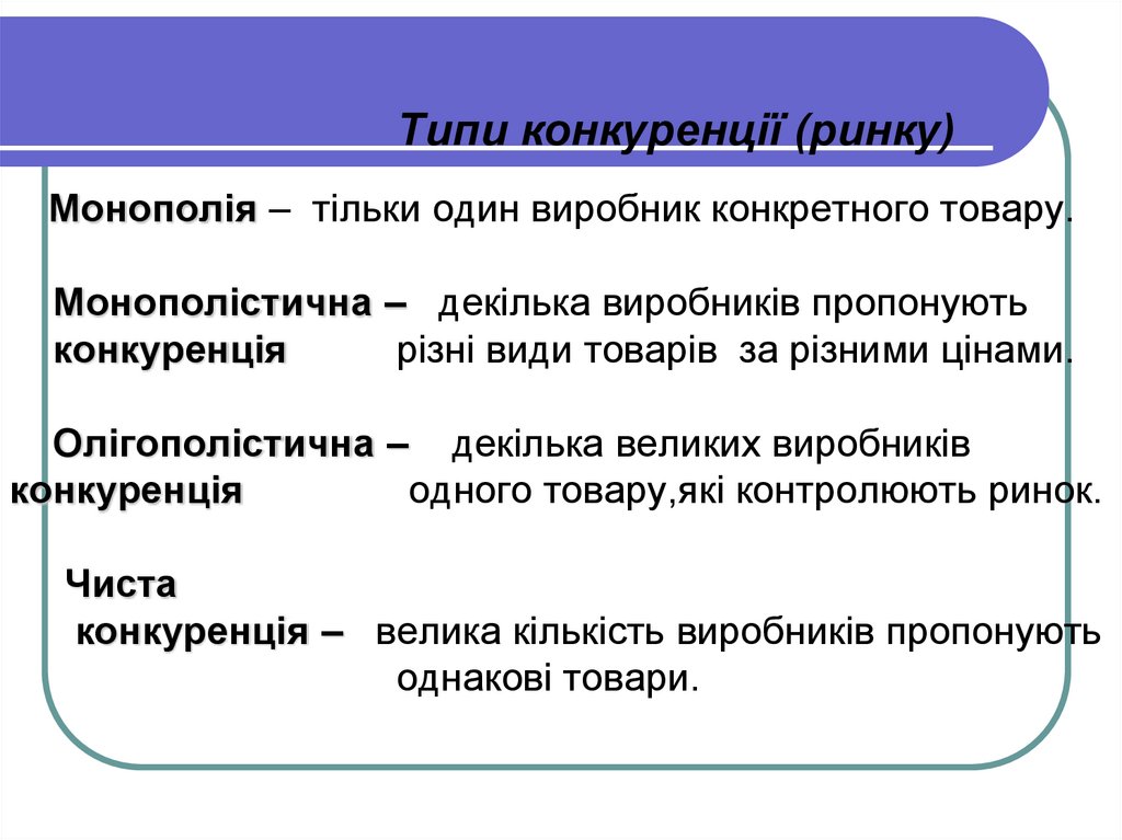 Типи конкуренції (ринку) Монополія – тільки один виробник конкретного товару. Монополістична – декілька виробників пропонують