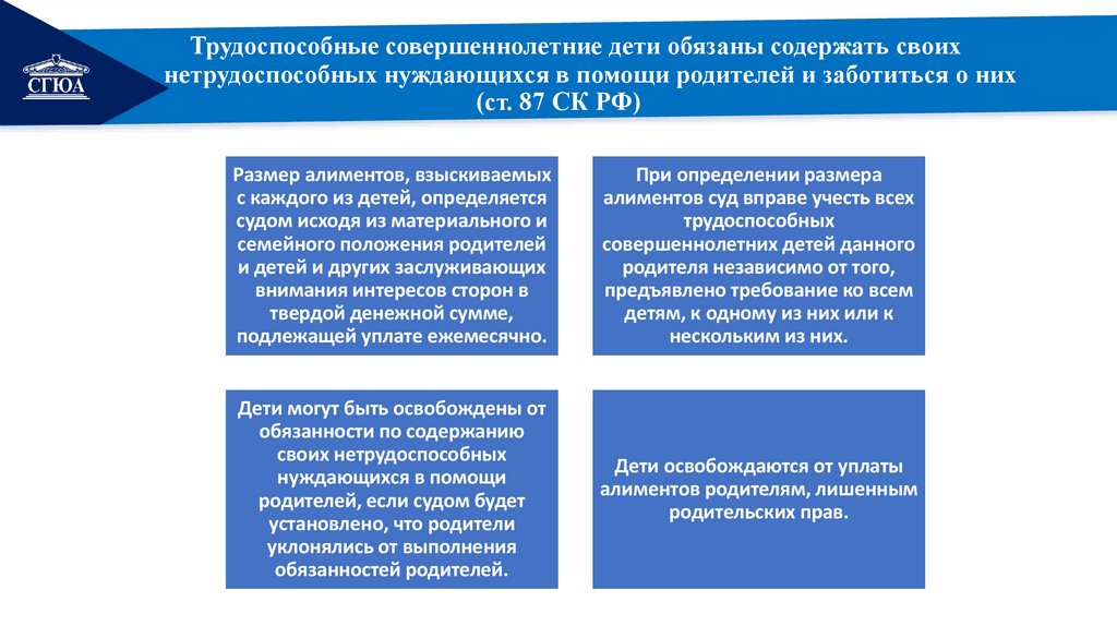 Трудоспособные совершеннолетние дети обязаны содержать своих нетрудоспособных нуждающихся в помощи родителей и заботиться о них