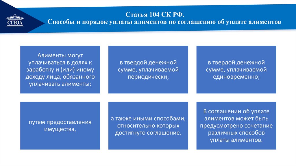 Статья 104 СК РФ. Способы и порядок уплаты алиментов по соглашению об уплате алиментов