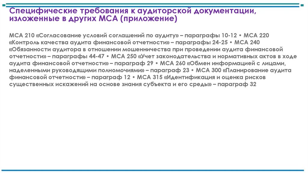 Специфические требования к аудиторской документации, изложенные в других МСА (приложение)