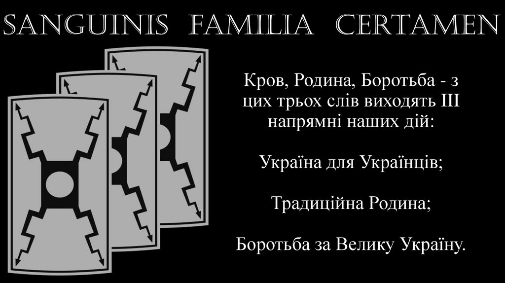 Кров, Родина, Боротьба - з цих трьох слів виходять III напрямні наших дій: Україна для Українців; Традиційна Родина; Боротьба