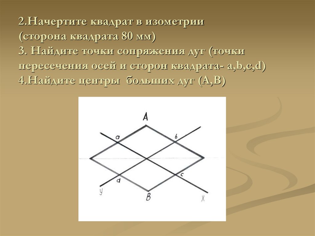 2.Начертите квадрат в изометрии (сторона квадрата 80 мм) 3. Найдите точки сопряжения дуг (точки пересечения осей и сторон