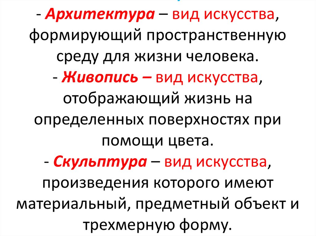 6. Словарь. - Архитектура – вид искусства, формирующий пространственную среду для жизни человека. - Живопись – вид искусства,