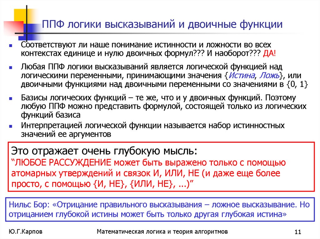 ППФ логики высказываний и двоичные функции