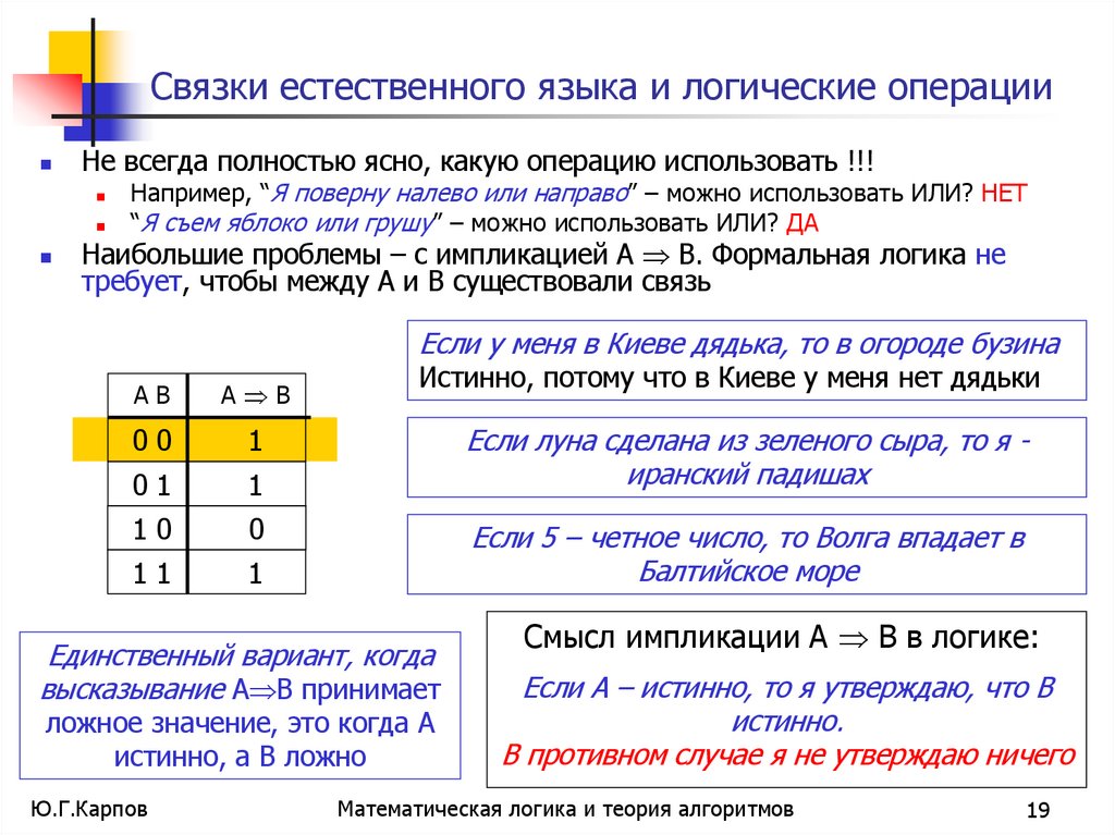 Связки естественного языка и логические операции