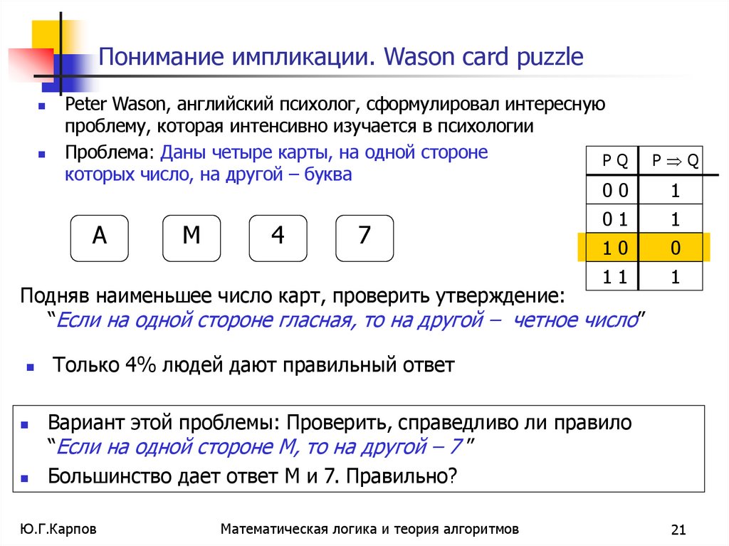 Понимание импликации. Wason card puzzle