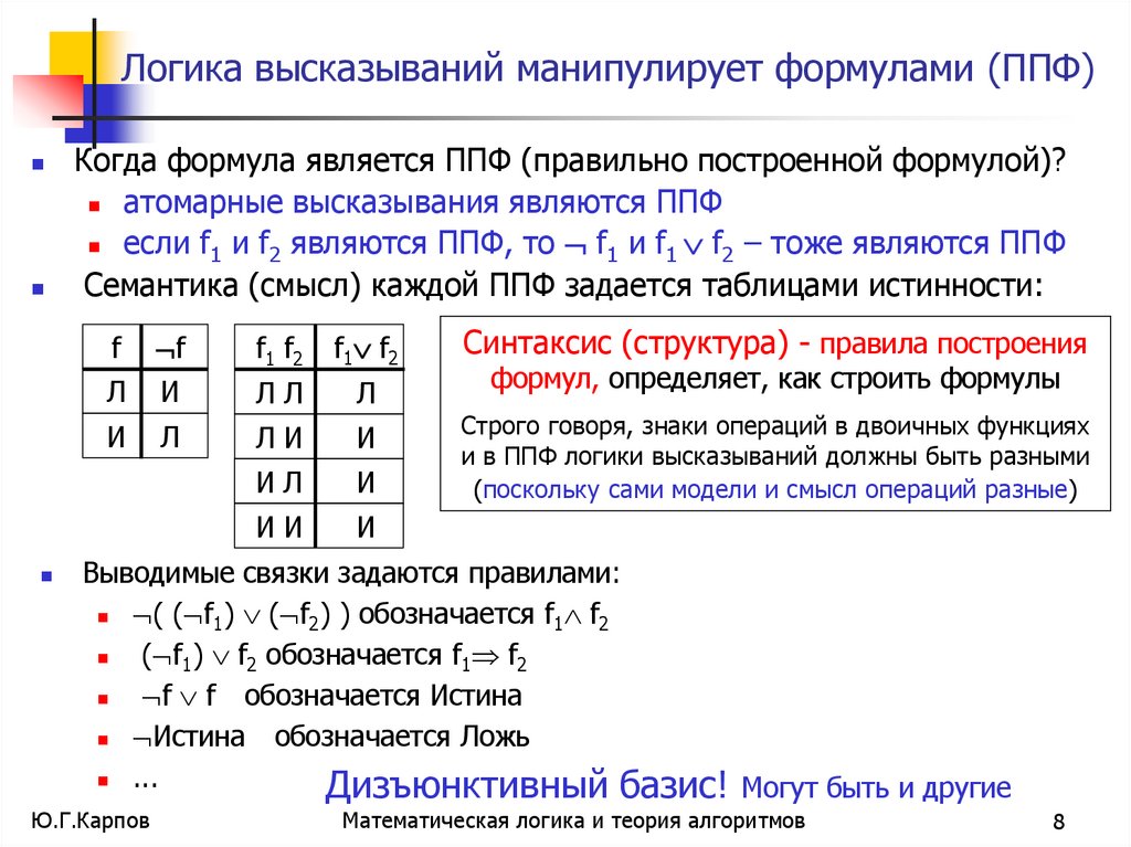 Логика высказываний манипулирует формулами (ППФ)