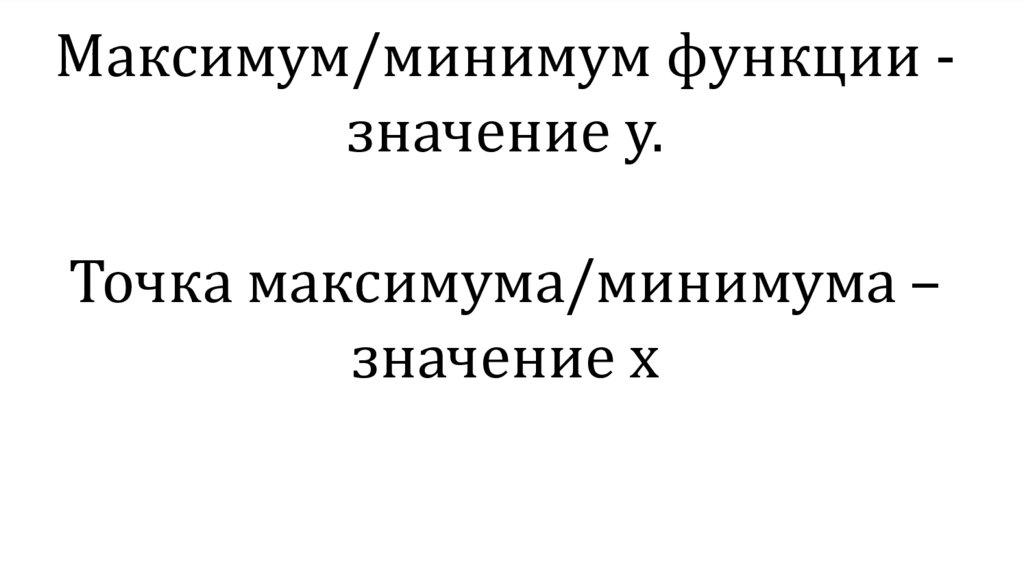 Максимум/минимум функции - значение у. Точка максимума/минимума – значение х