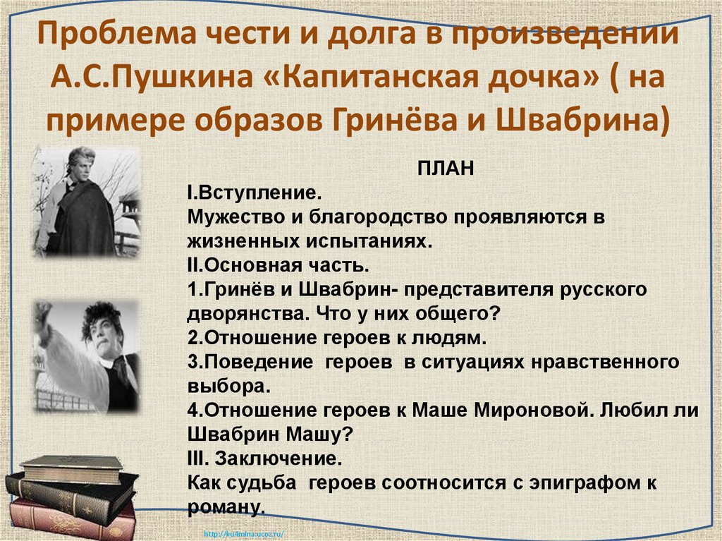 Проблема чести и долга в произведении А.С.Пушкина «Капитанская дочка» ( на примере образов Гринёва и Швабрина)