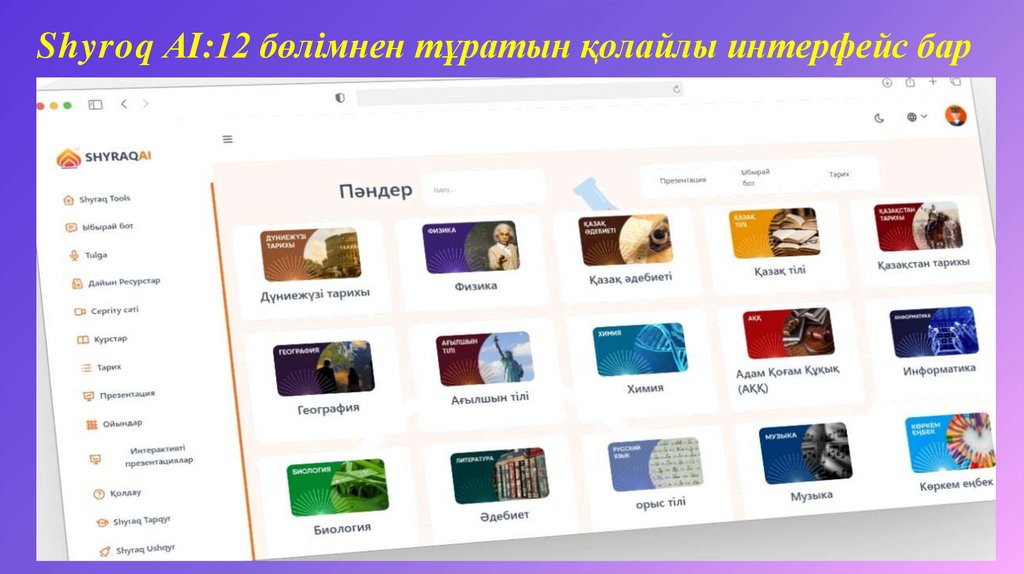 Shyroq АI:12 бөлімнен тұратын қолайлы интерфейс бар