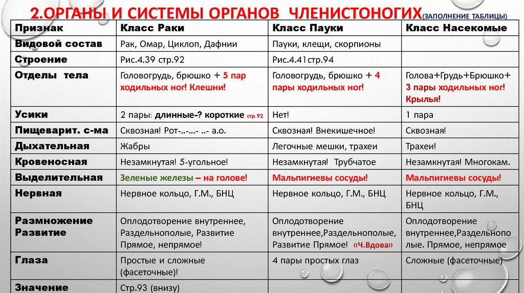 2.Органы и системы органов Членистоногих(заполнение таблицы)