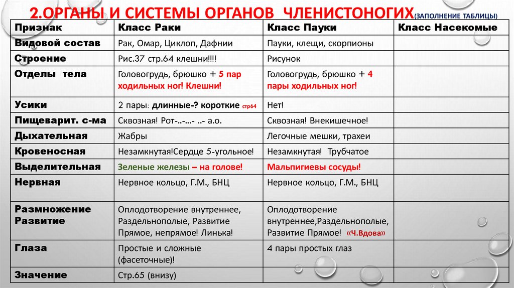 2.Органы и системы органов Членистоногих(заполнение таблицы)