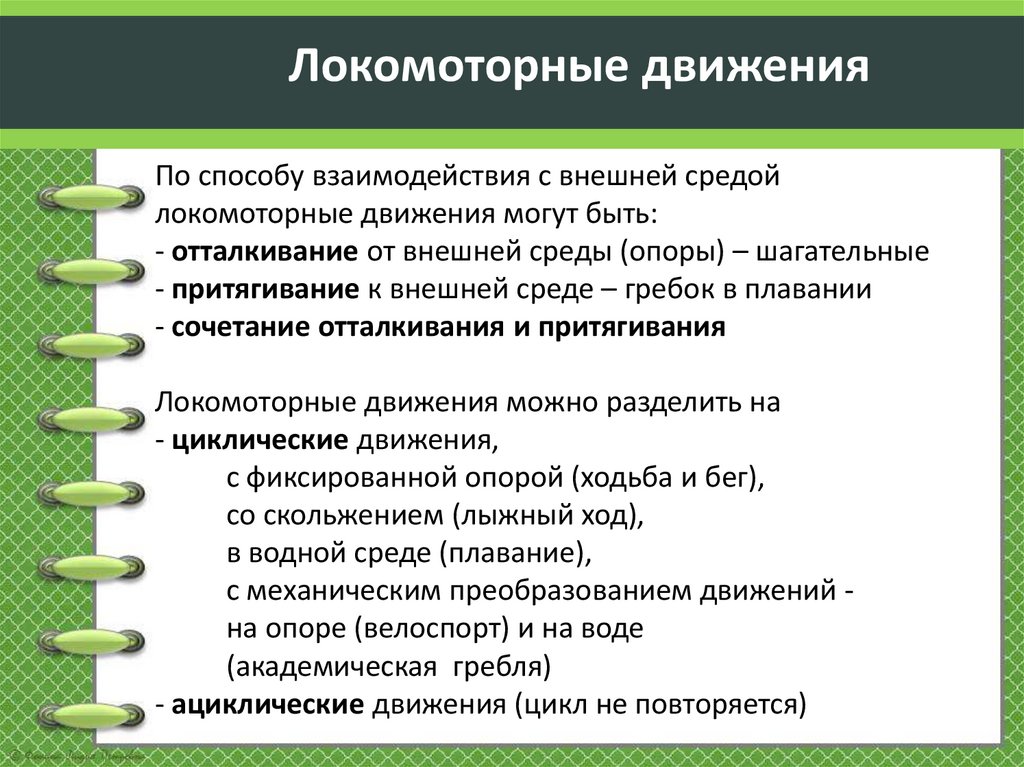 Локомоторные движения По способу взаимодействия с внешней средой локомоторные движения могут быть: - отталкивание от внешней