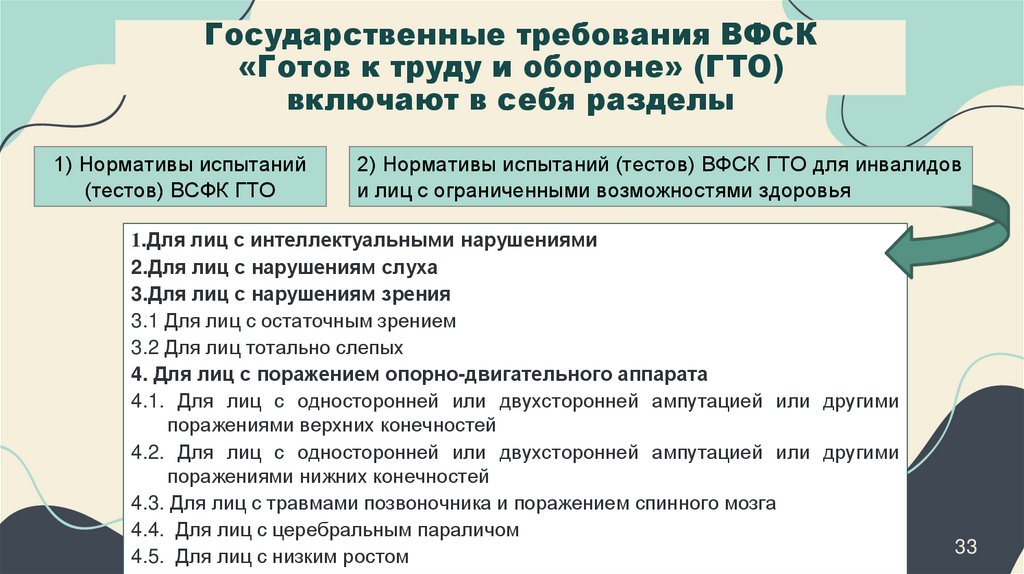 Государственные требования ВФСК «Готов к труду и обороне» (ГТО) включают в себя разделы