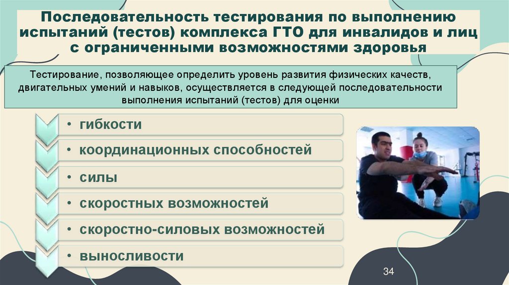 Последовательность тестирования по выполнению испытаний (тестов) комплекса ГТО для инвалидов и лиц с ограниченными