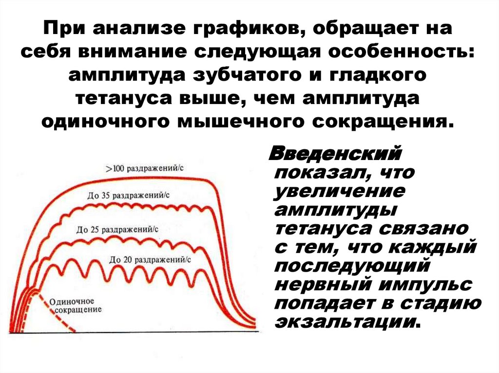 При анализе графиков, обращает на себя внимание следующая особенность: амплитуда зубчатого и гладкого тетануса выше, чем