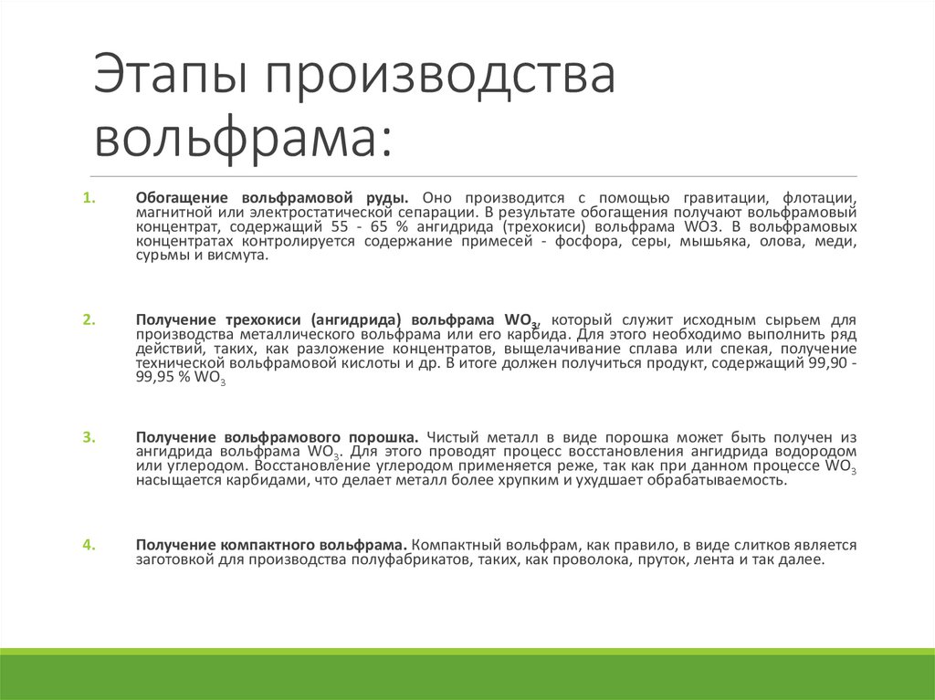 Этапы производства вольфрама: