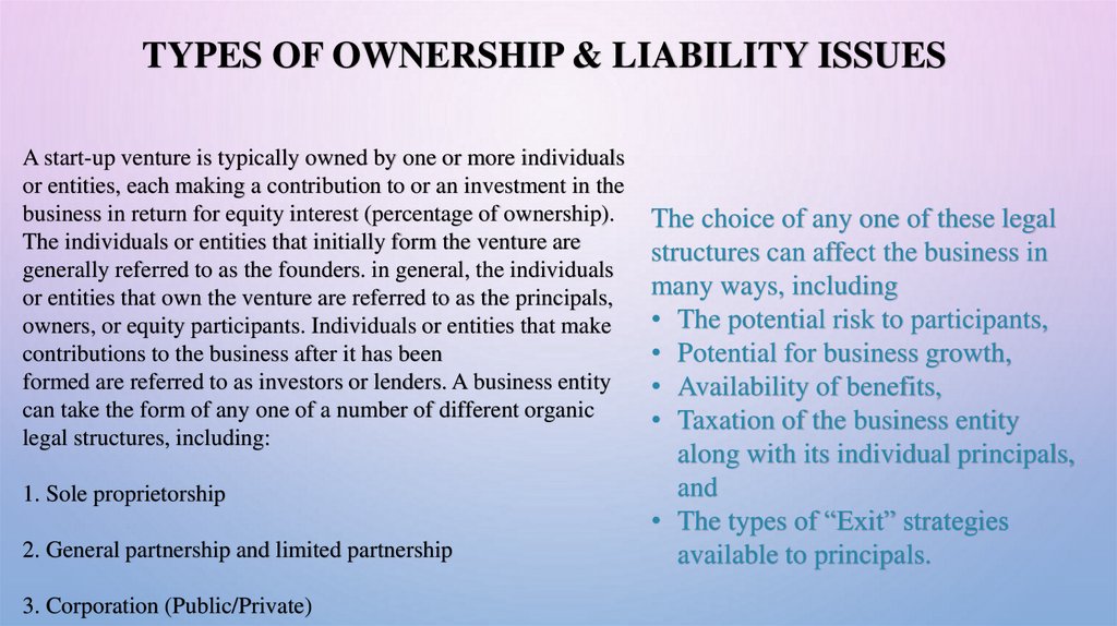 Types of ownership & liability issues