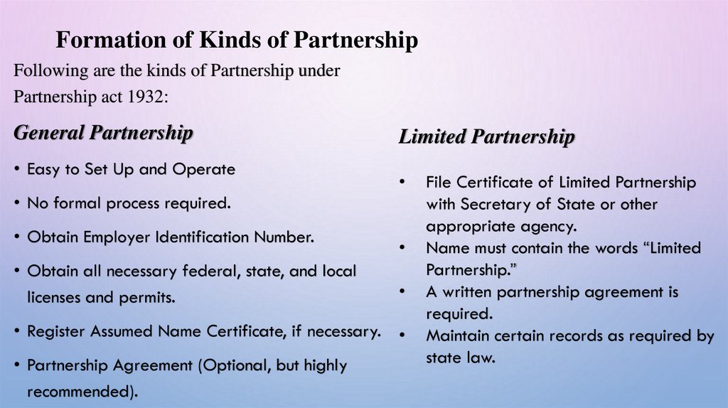 Formation of Kinds of Partnership