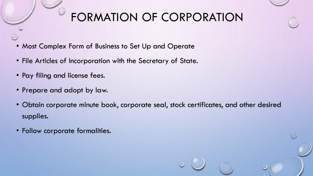 Formation of Corporation