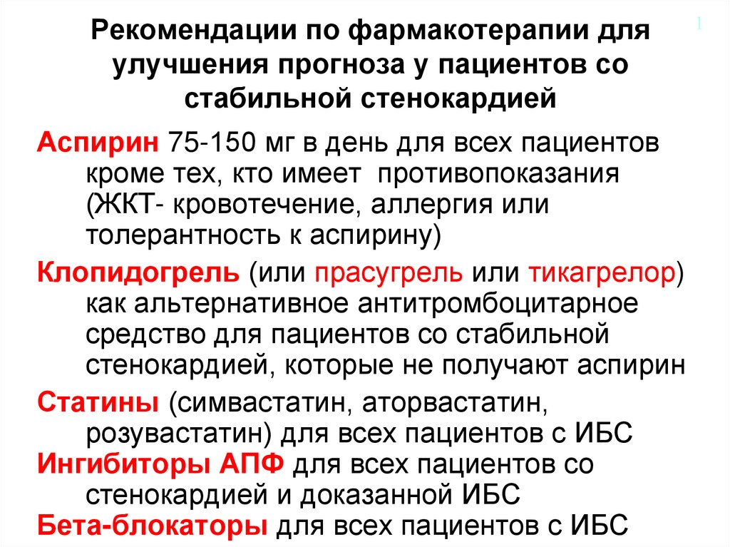 Рекомендации по фармакотерапии для улучшения прогноза у пациентов со стабильной стенокардией