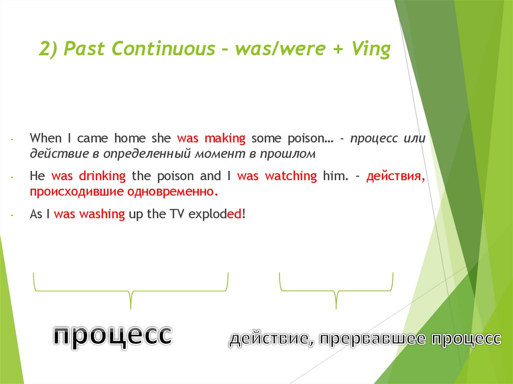 2) Past Continuous – was/were + Ving