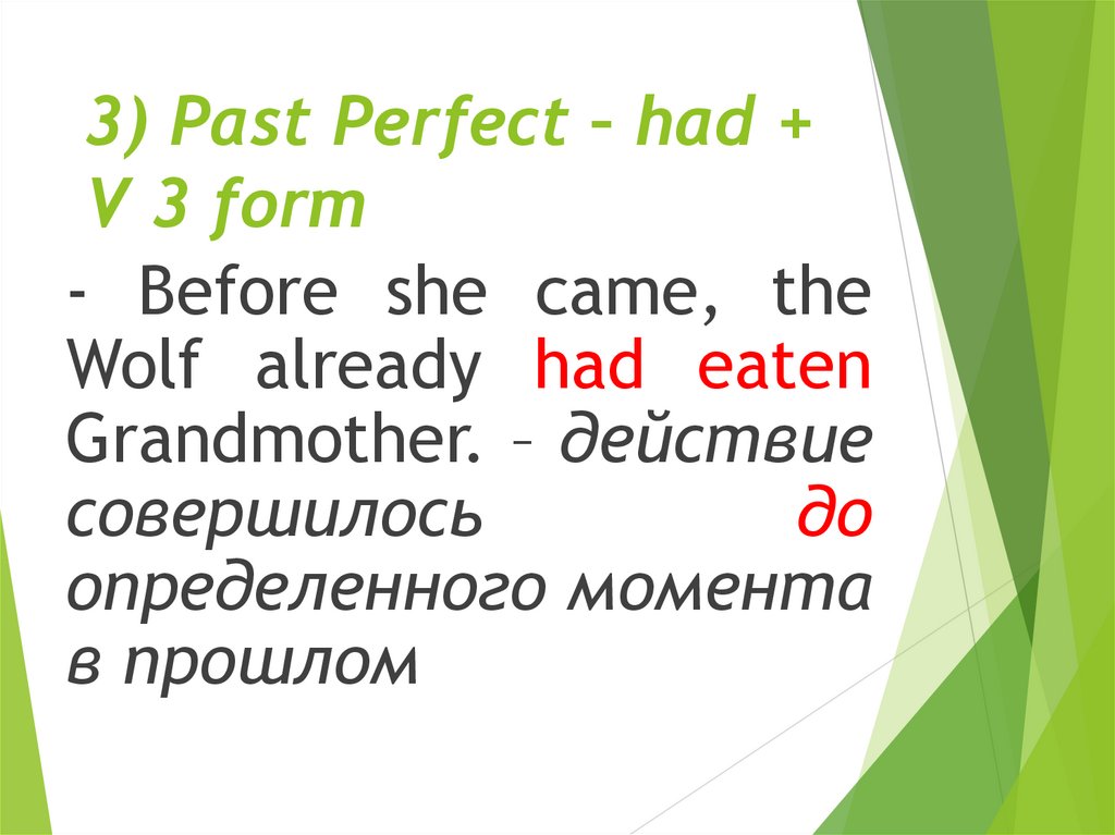 3) Past Perfect – had + V 3 form