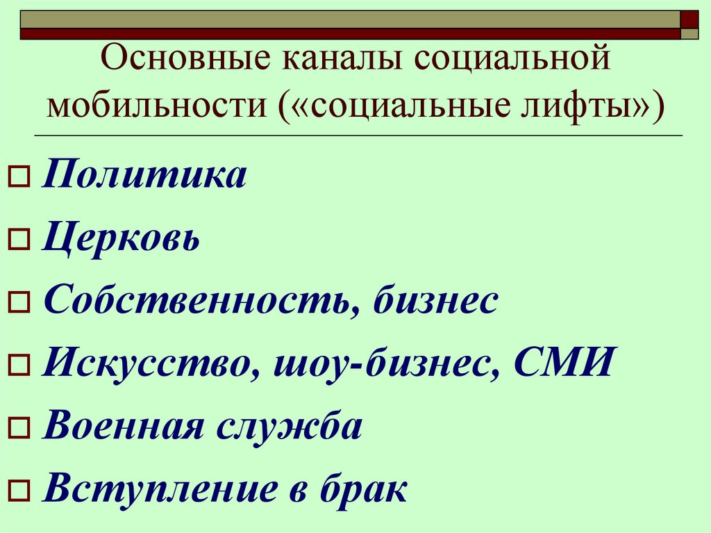 Основные каналы социальной мобильности («социальные лифты»)