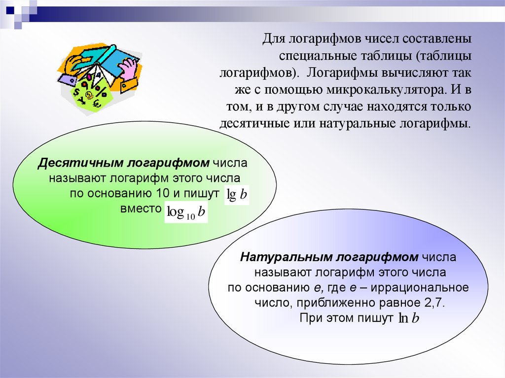 Для логарифмов чисел составлены специальные таблицы (таблицы логарифмов). Логарифмы вычисляют так же с помощью